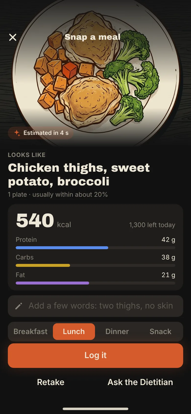 Snap a meal: chicken thighs, sweet potato and broccoli, 540 kcal and the macros